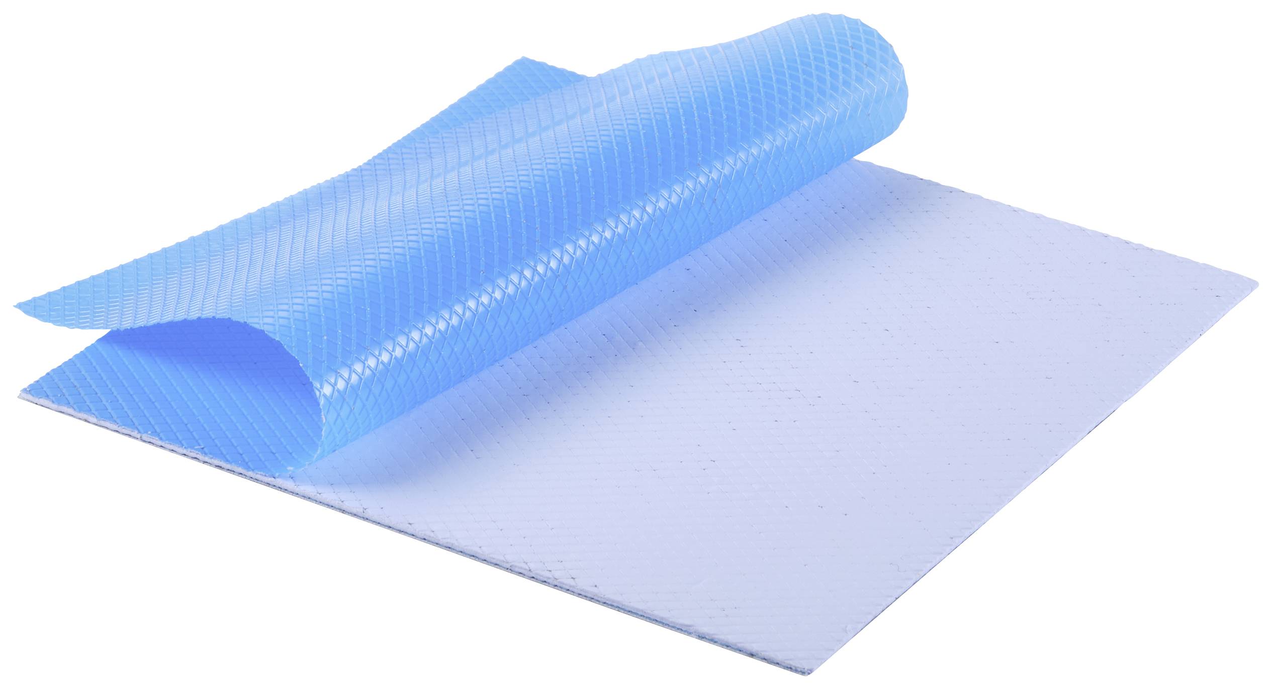 Couverture de piscine bleue à double épaisseur, enroulée sur un fond blanc, conçue pour la rétention de chaleur et la protection contre les salissures.