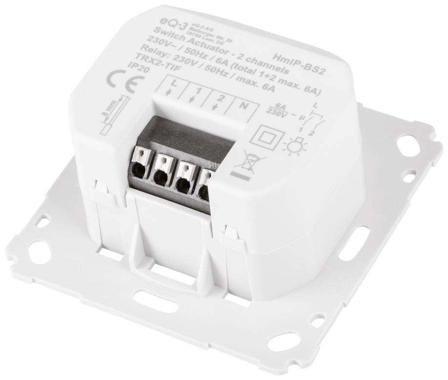 Un actionneur blanc à 2 canaux, adapté pour 230V/50Hz, max. 6A. Affiche les bornes de connexion et les détails techniques sur la face avant.