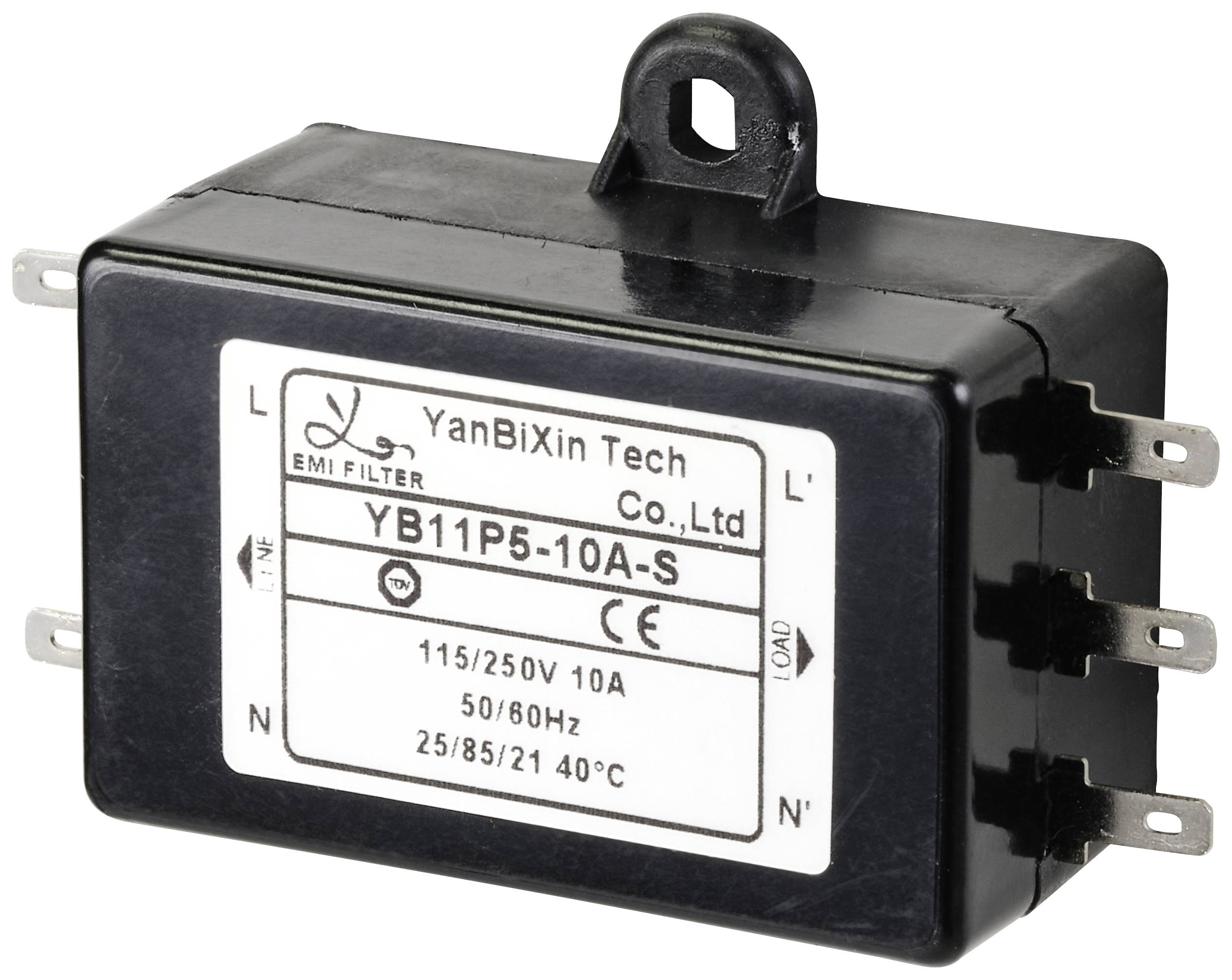 Filtre EMI noir à six bornes, étiquette 'YanBiXin Tech Co., Ltd', modèle 'YB11P5-10A-S', spécifications techniques imprimées.