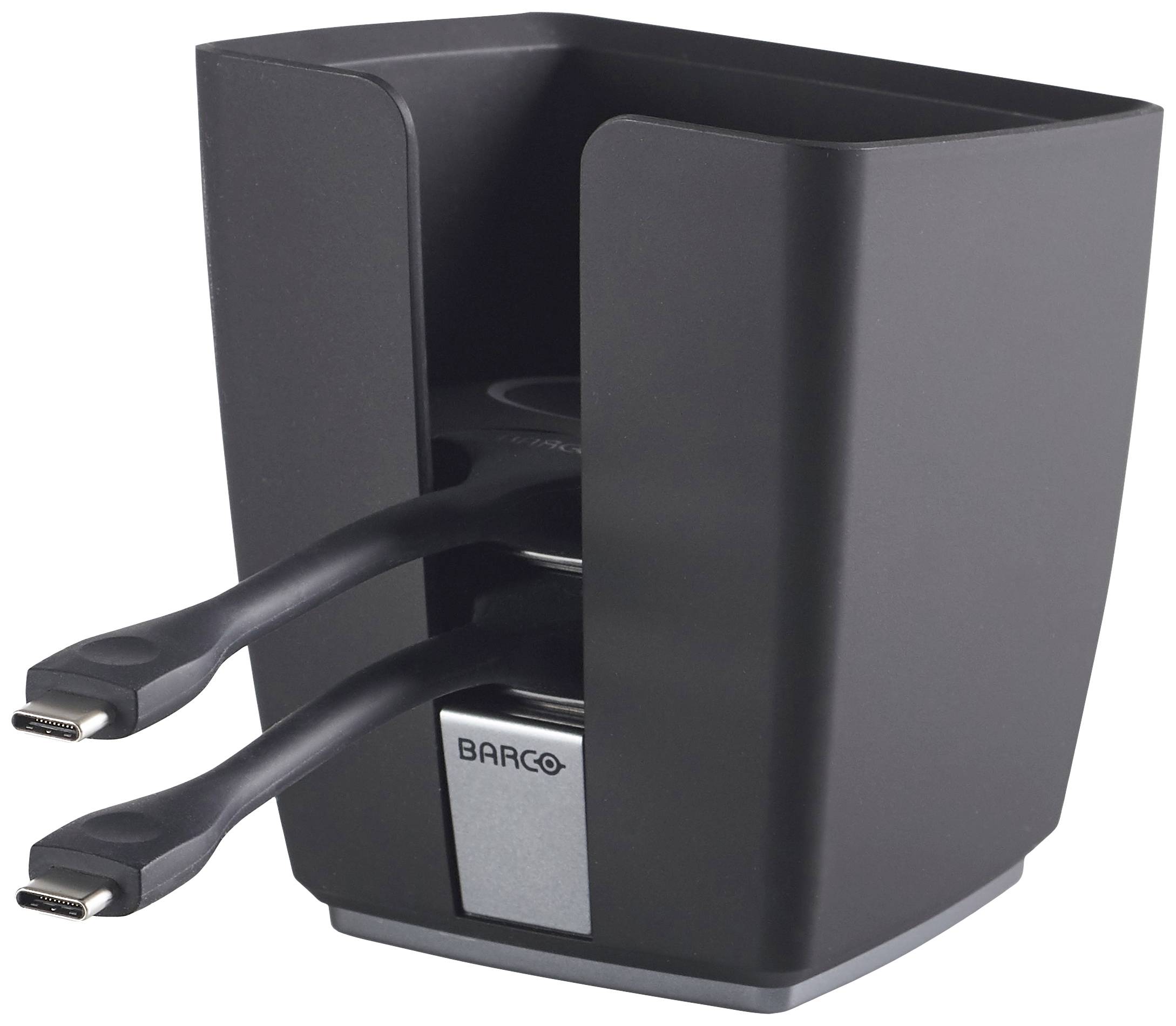 Un appareil noir tenant deux câbles avec des connecteurs HDMI. L'appareil porte la marque 'BARCO'.
