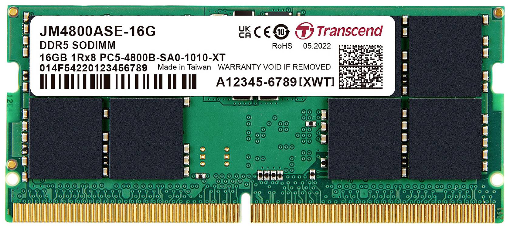 Exemple d'un module de RAM SODIMM DDR5 vert de 16 Go. Contient une étiquette avec le numéro de série et les informations du fabricant.