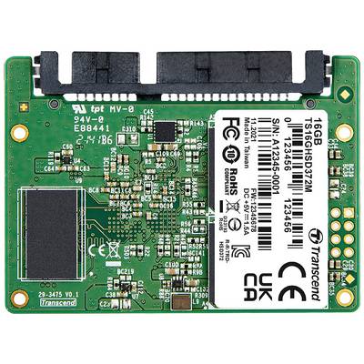 Carte de circuit électronique avec puce de mémoire et divers composants, affichant le logo Transcend et ses spécifications techniques.