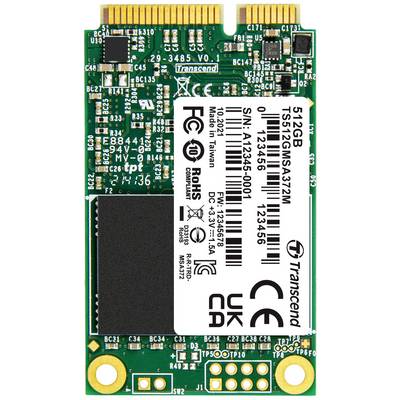 Un SSD vert de 512 Go de capacité de stockage, fabriqué par Transcend. La carte mère contient divers composants électroniques.