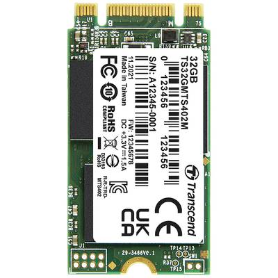 Une SSD Transcend de 32 Go M.2, modèle TS32GMTS402M. Les étiquettes indiquent les marques de certification CE, UKCA et FCC.