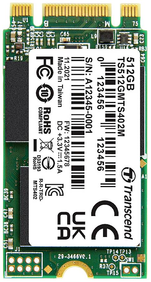 Une SSD M.2 Transcend de 512 Go représentée avec ses spécifications techniques sur un fond blanc.