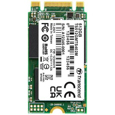 Une SSD M.2 Transcend de 512 Go représentée avec ses spécifications techniques sur un fond blanc.