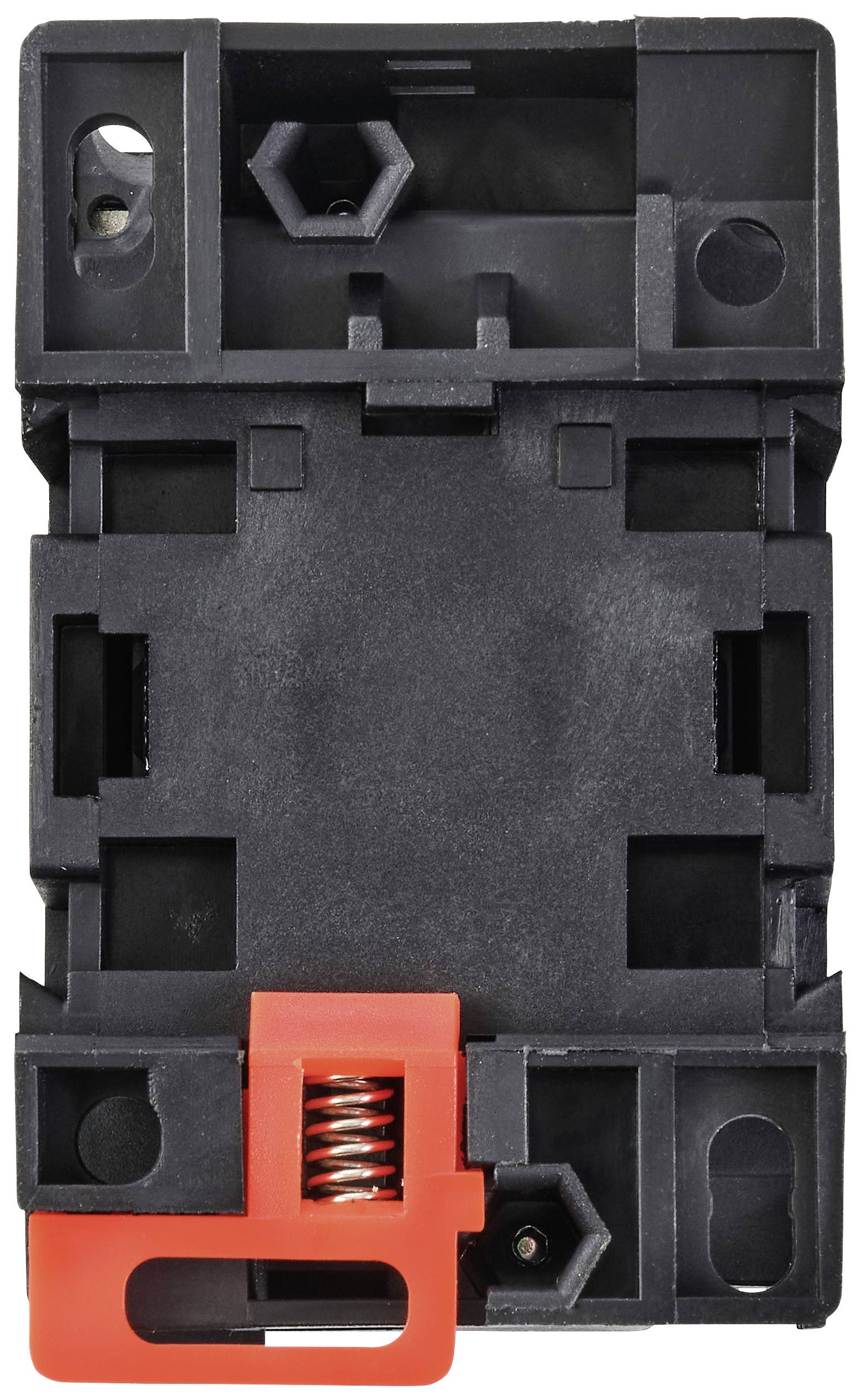 Support de composant électronique en plastique noir avec mécanisme de verrouillage rouge et ressort, probablement destiné à la fixation de modules.