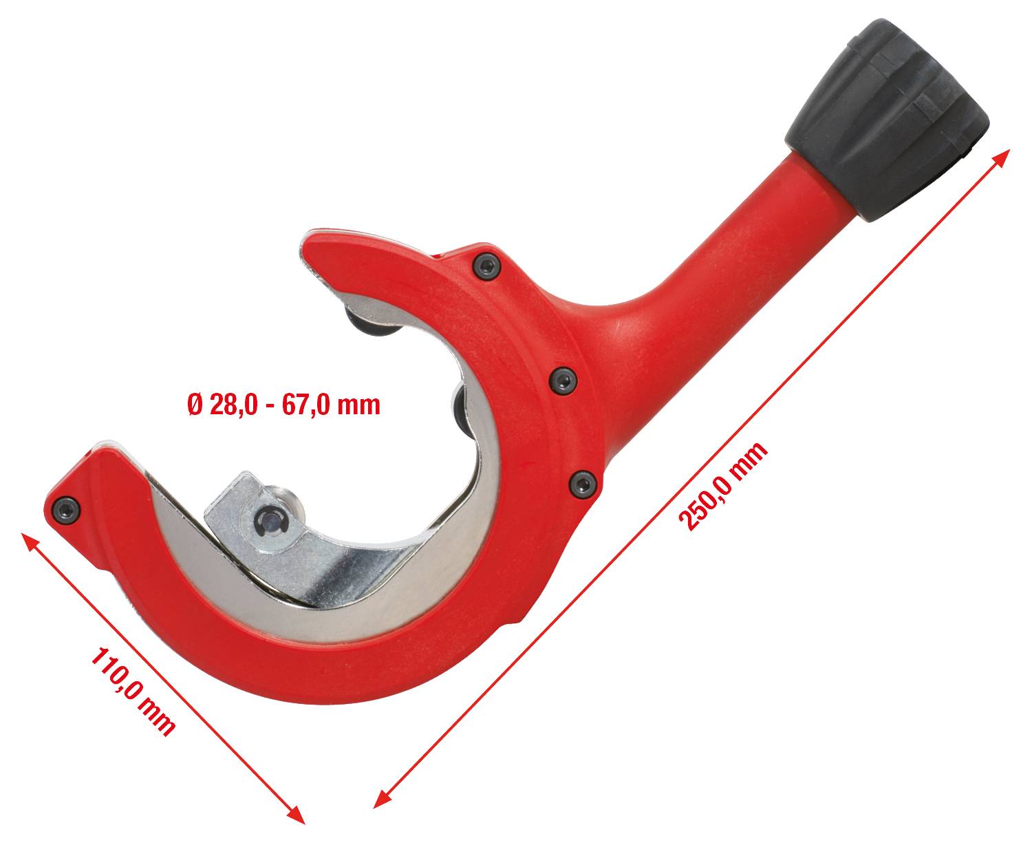 Outil de coupe de tuyaux rouge avec poignée noire. Les marquages indiquent les dimensions : diamètre de 28,0-67,0 mm et longueur de 110,0-253,0 mm.