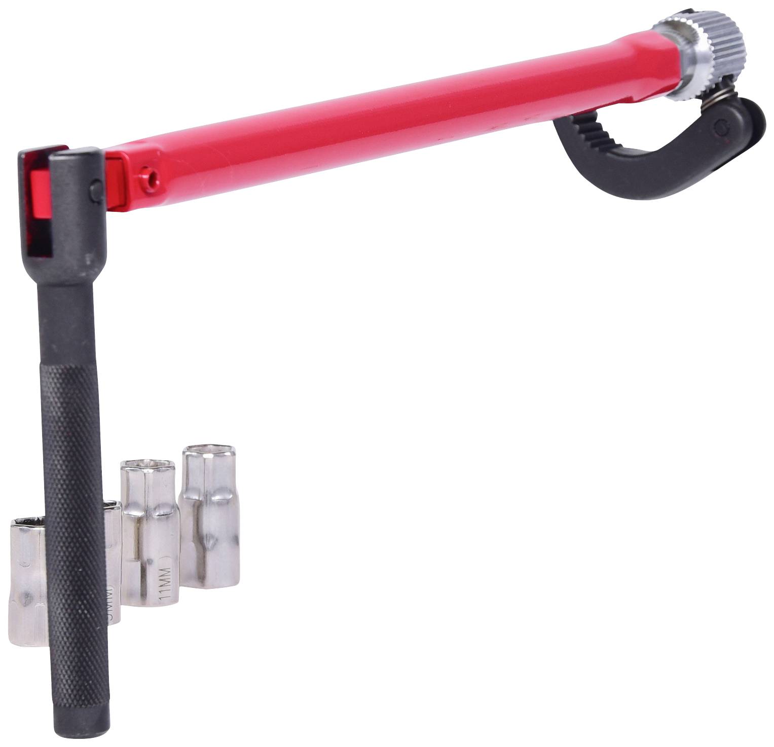 'Clé télescopique rouge et noire avec quatre douilles. Outil pour le changement de pneu et autres travaux sur les véhicules.'