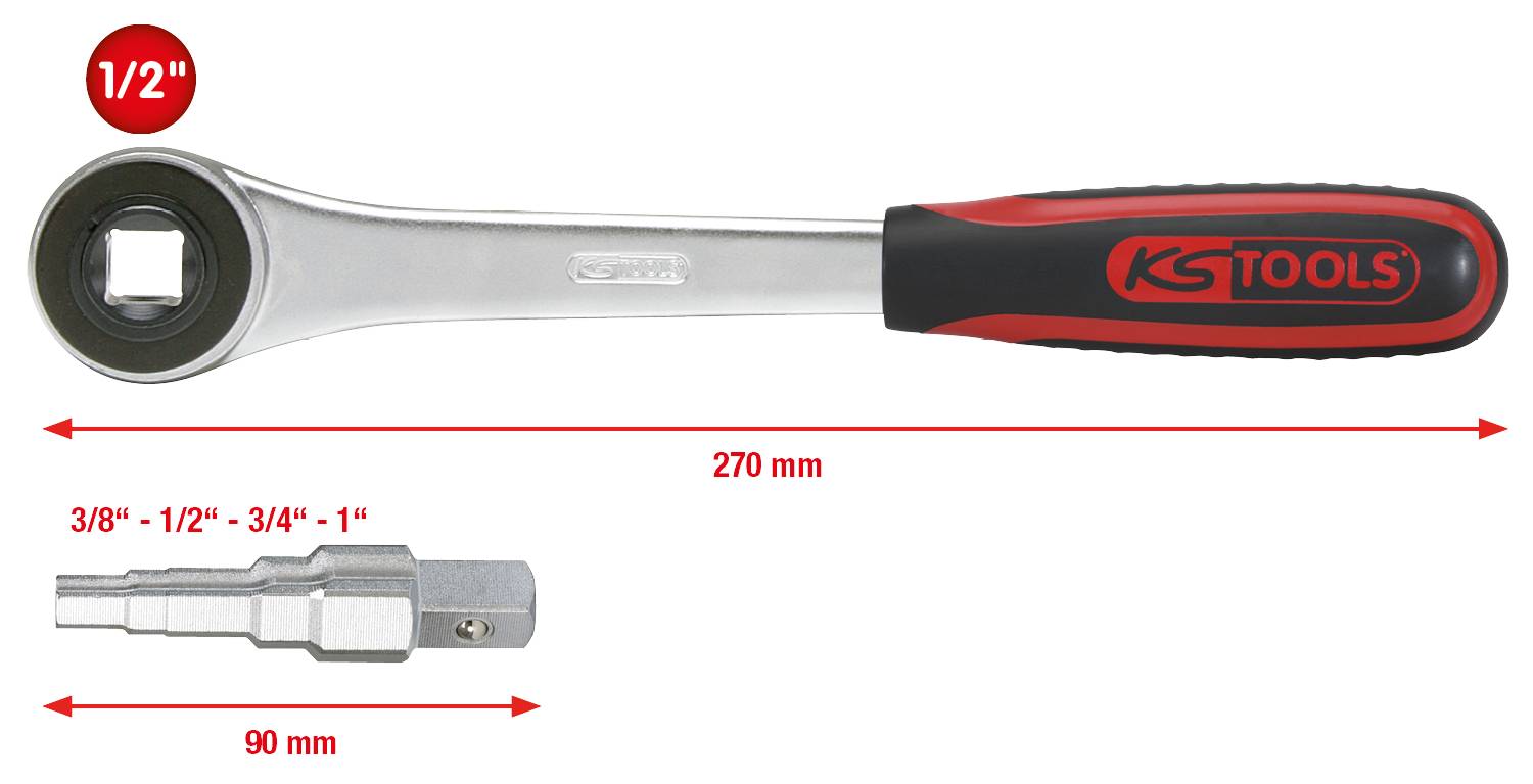 'Poignée à cliquet, longueur 270 mm, avec carré d'entraînement 1/2". Adaptateur de 3/8" à 1".'