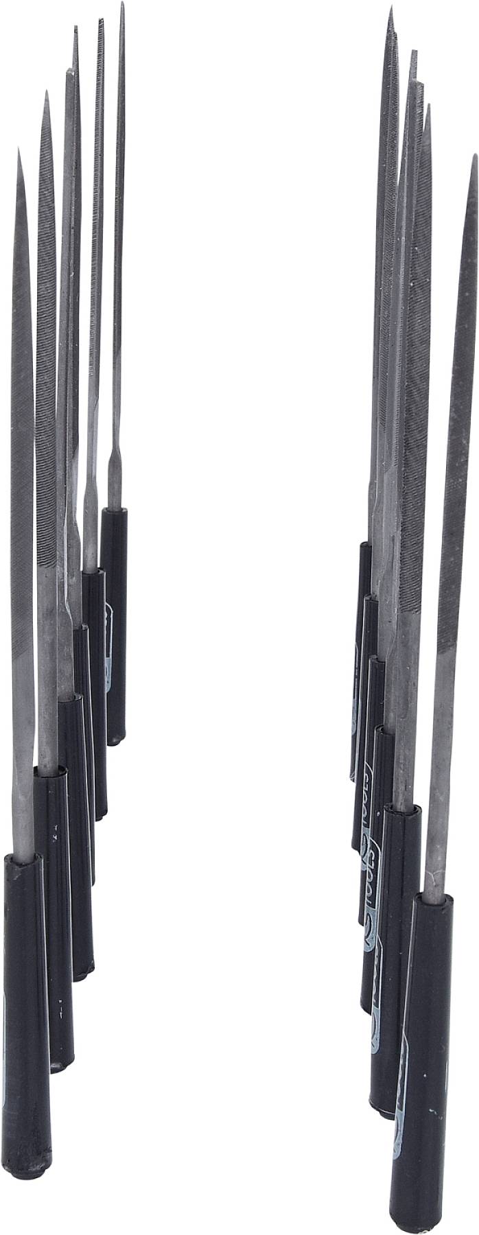 Douze limes en forme d'aiguille disposées en deux rangées. Elles ont des manches noirs et se distinguent par leurs différentes formes de pointes.