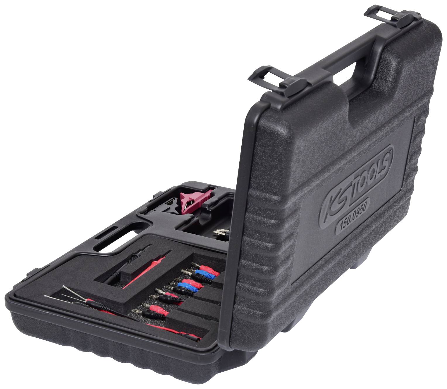 Une valise à outils noire contenant divers outils, dont des tournevis et des pinces, organisés dans des compartiments.