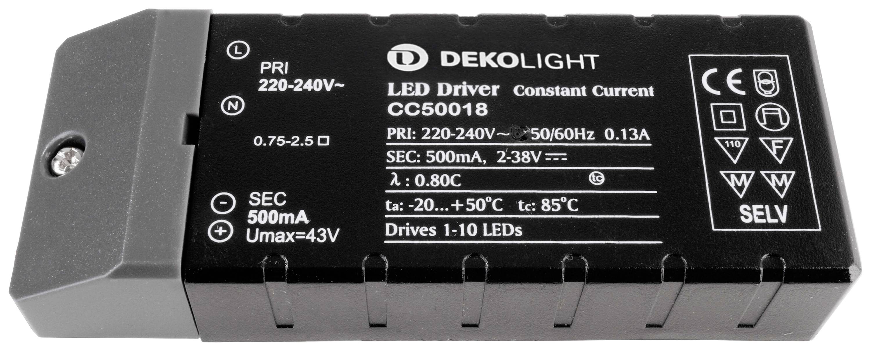 Pilote LED noir 'DEKOLiGHT CGC50018', Entrée 220-240V, Sortie 500mA, pour 1-10 LED, source de courant constante, IP20, plage de température -20 à +50 °C.