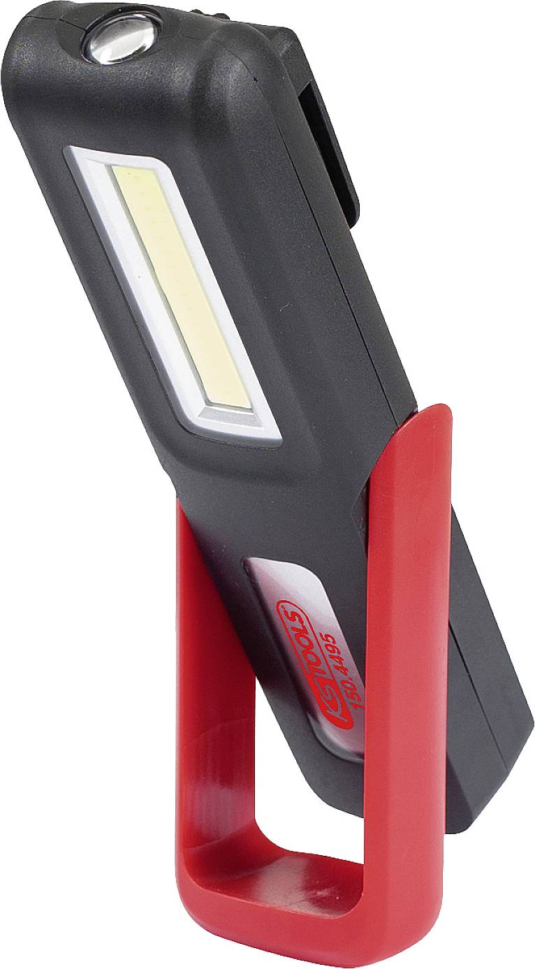 Une lampe de travail LED orientable avec base magnétique intégrée et crochet rouge, adaptée aux travaux manuels.