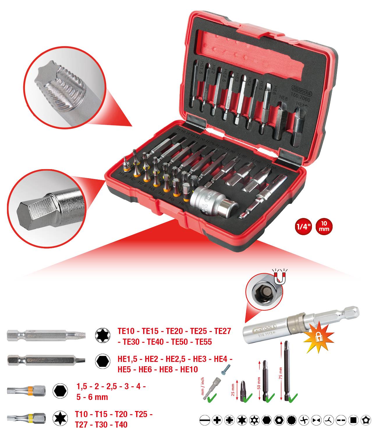 Illustration d'un coffret à outils contenant différents embouts et douilles dans un boîtier rouge. Comprend des embouts hexagonaux, Torx et pour tournevis. Les domaines d'application sont représentés.
