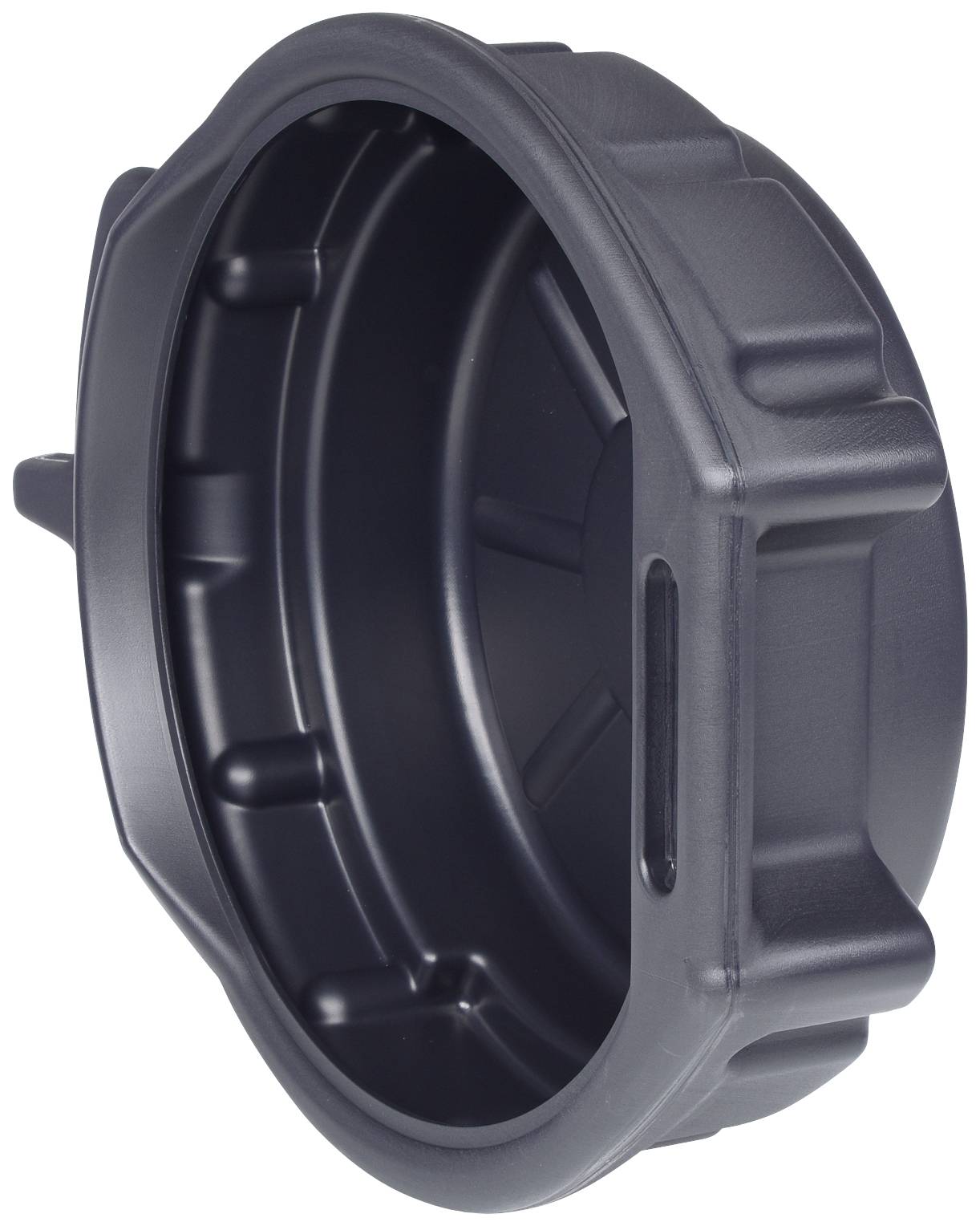 Couvercle en plastique noir de forme ronde avec des segments de poignée en relief.