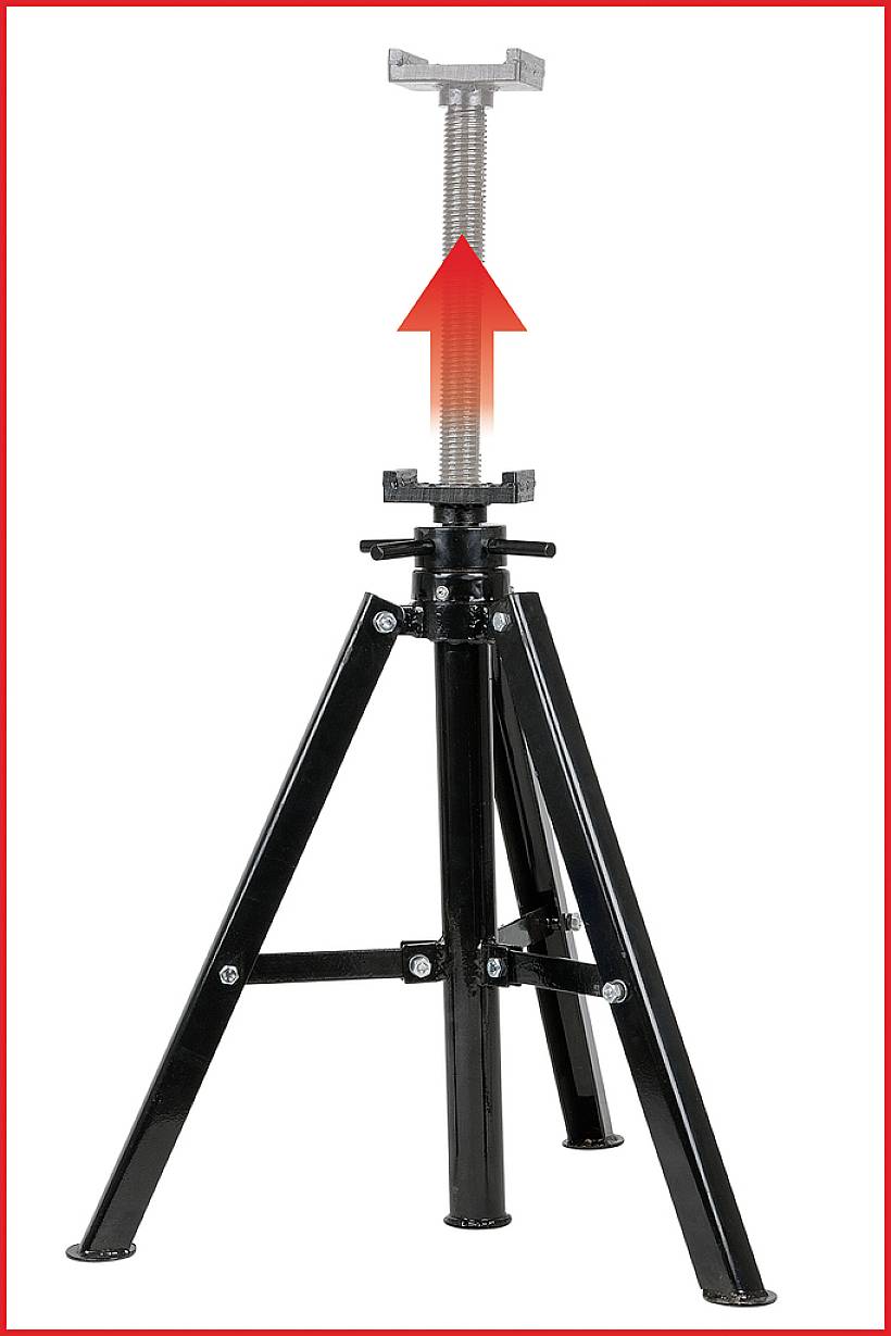 Support de cric noir avec un boulon réglable, une flèche rouge pointant vers le haut, reposant sur trois pieds pour un support stable.