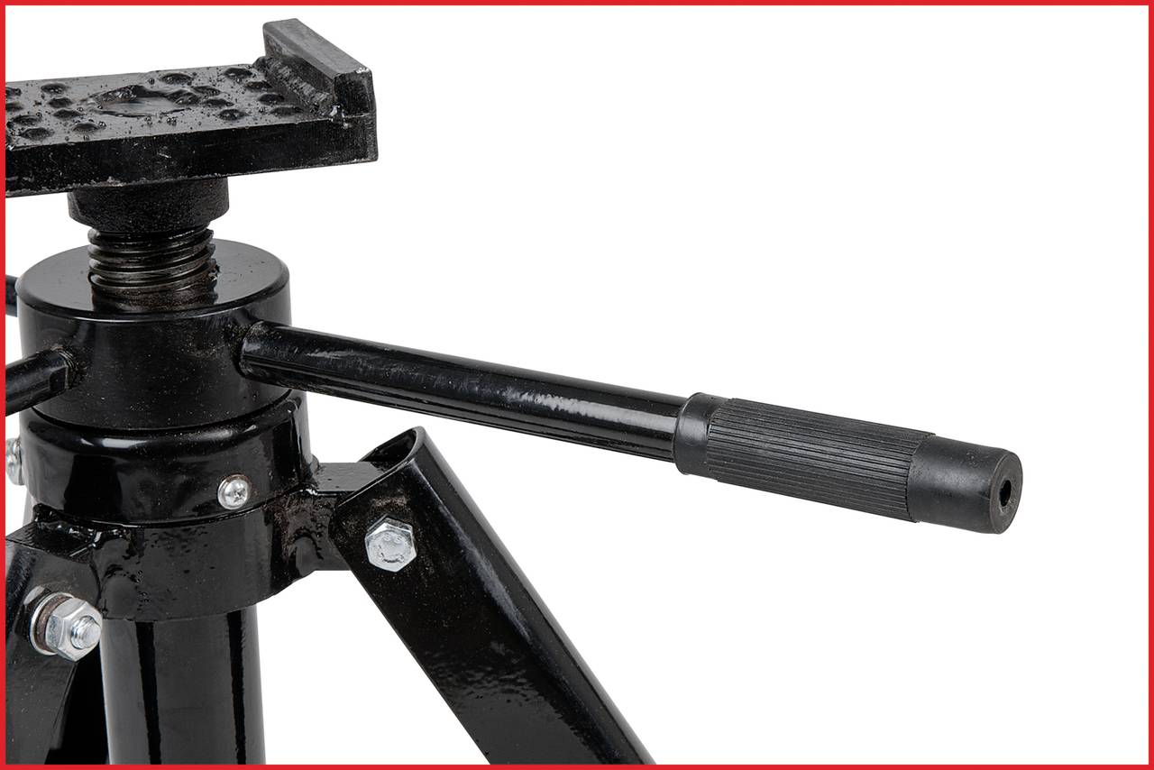 Support noir avec longue manivelle, probablement un dispositif mécanique ou un cric, en gros plan, sur fond blanc.