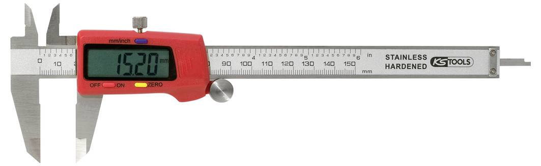 Un pied à coulisse numérique avec boîtier en acier inoxydable affiche la valeur de mesure '15,20' sur l'écran LCD.