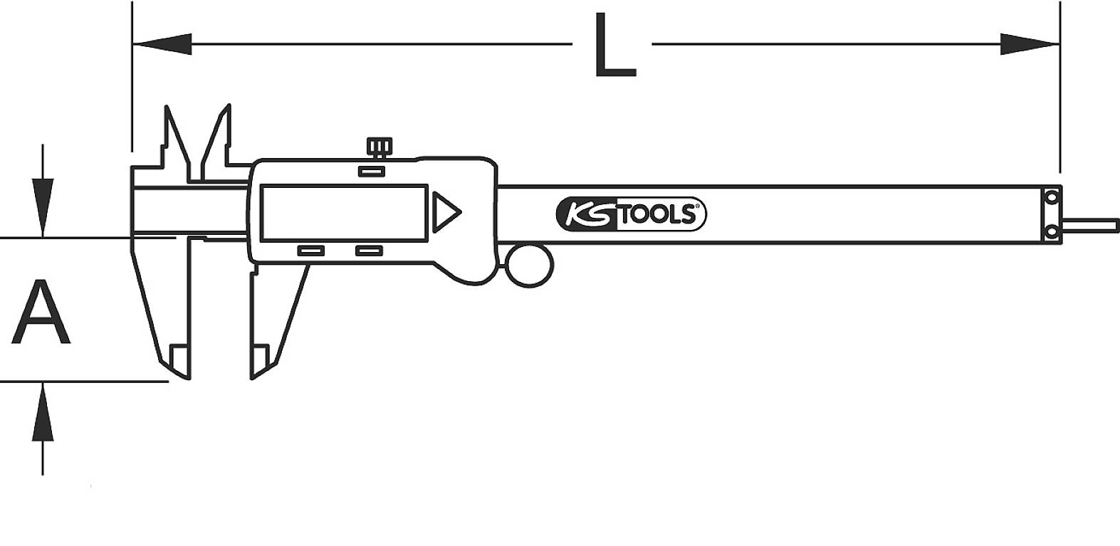 Pied à coulisse en vue latérale. Échelle de mesure avec deux axes de mesure, marqués A et L. Utilisé pour des mesures de distance précises.