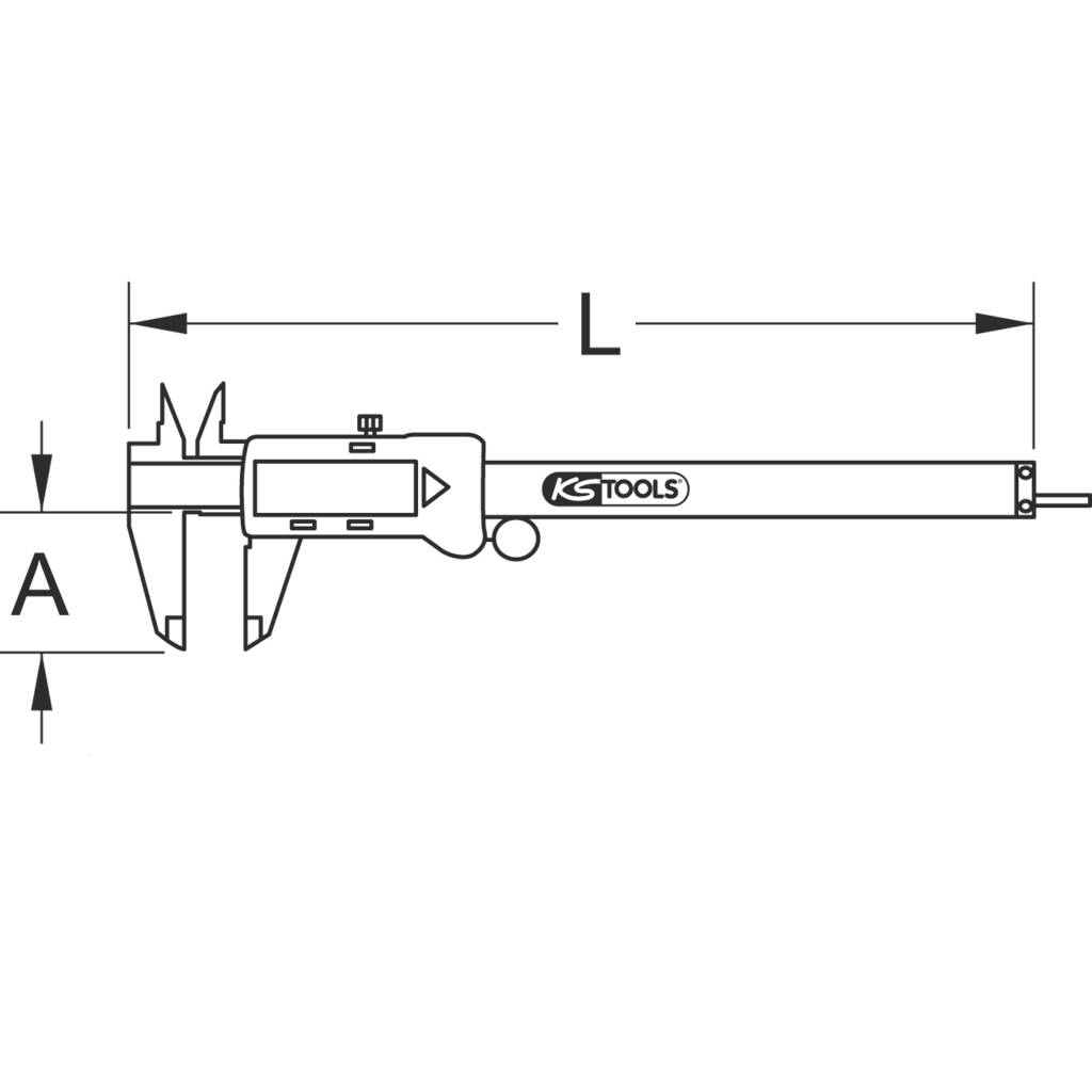 'Illustration d'un pied à coulisse numérique de KS Tools. Des flèches marquent les zones de mesure A et L.'