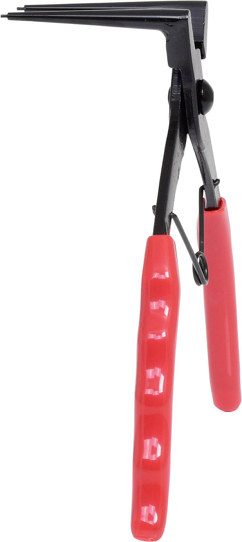 Pince à circlips rouge à pointes recourbées pour l'insertion ou le retrait de circlips sur des composants mécaniques.