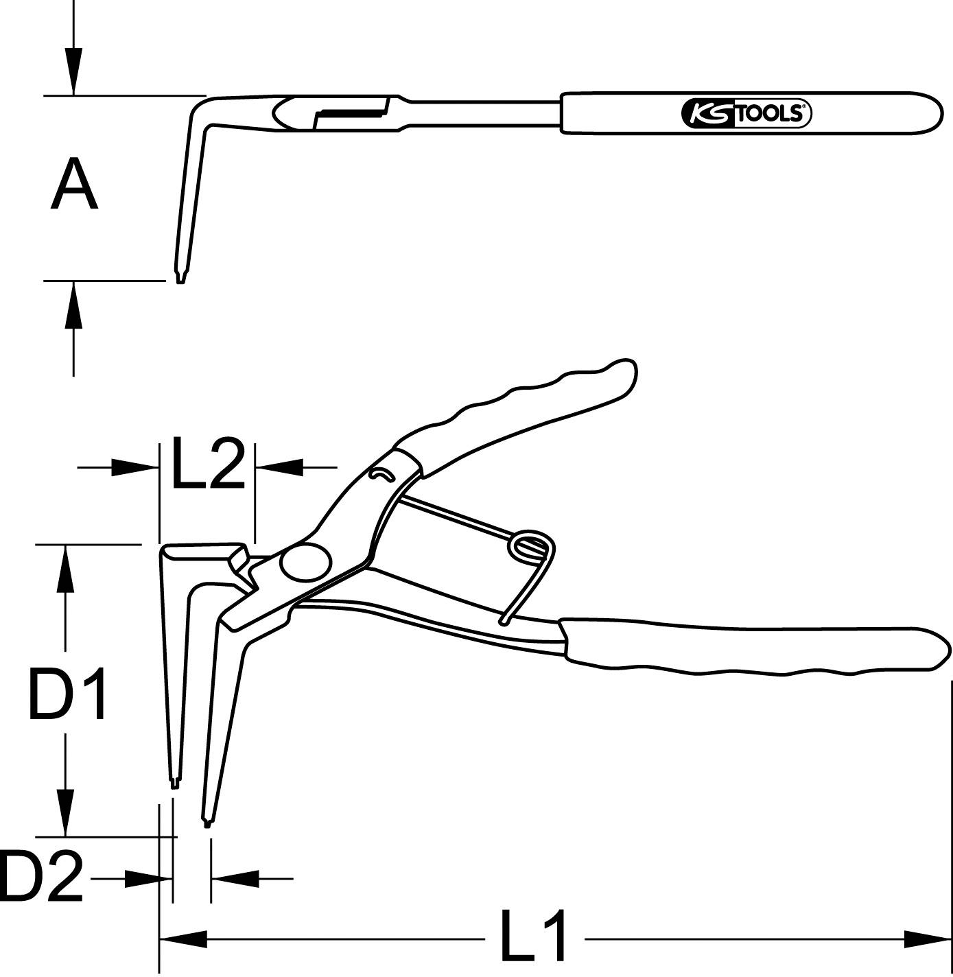 Diagramme d'une pince à bec effilé avec ressort. Indique les dimensions : poignée (A), longueurs de la pince (L1, L2) et pointe de la pince (D1, D2).