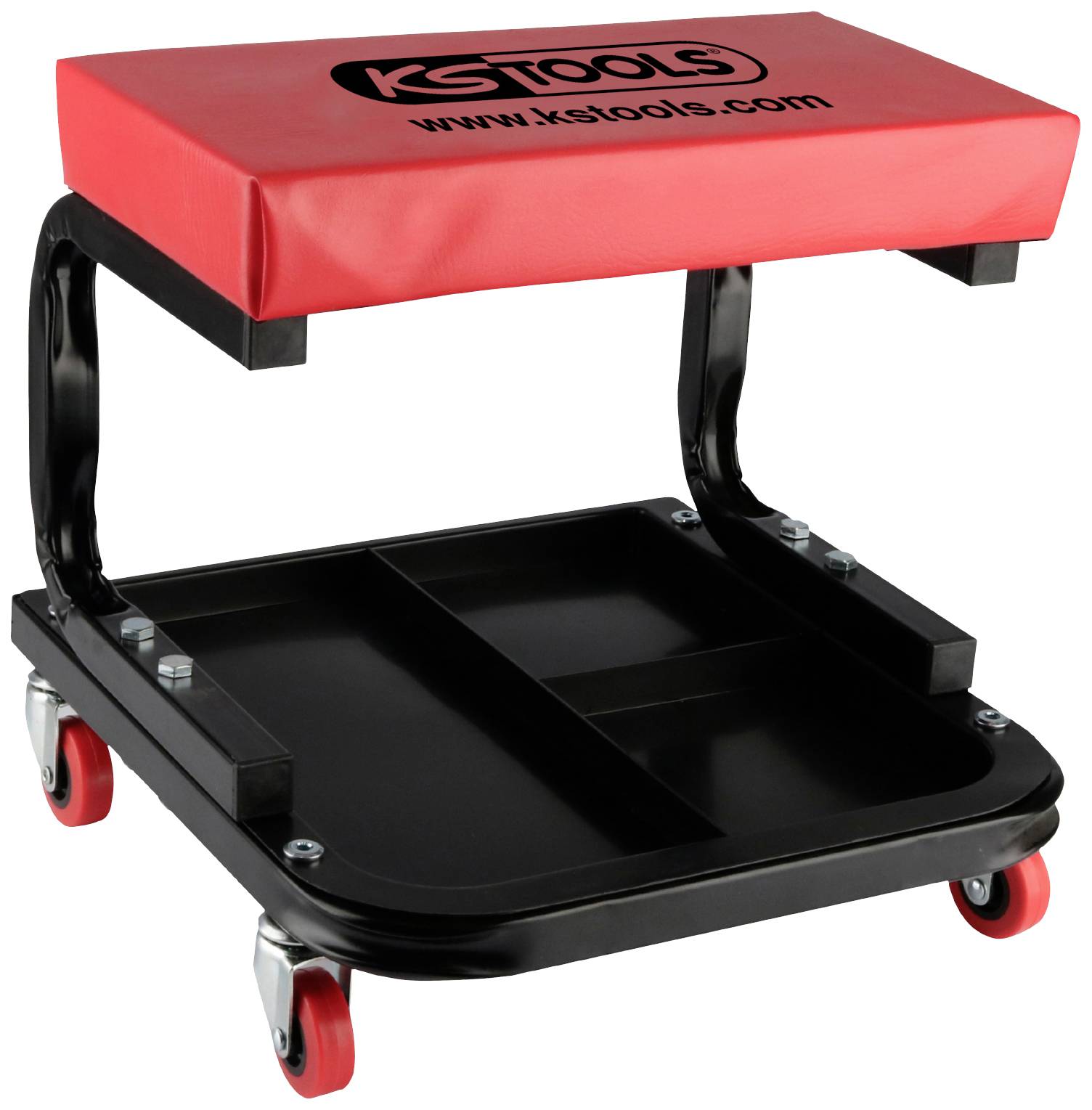 Tabouret d'atelier rouge avec roulettes et cadre noir. Assise rembourrée portant l'inscription 'KS Tools' et une adresse web.