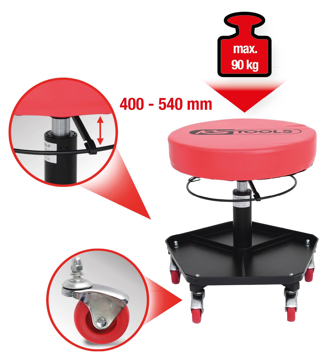 Un tabouret roulant réglable en hauteur, charge maximale de 90 kg, hauteur réglable de 400 à 540 mm, avec roulettes rouges et siège. Idéal pour les ateliers.