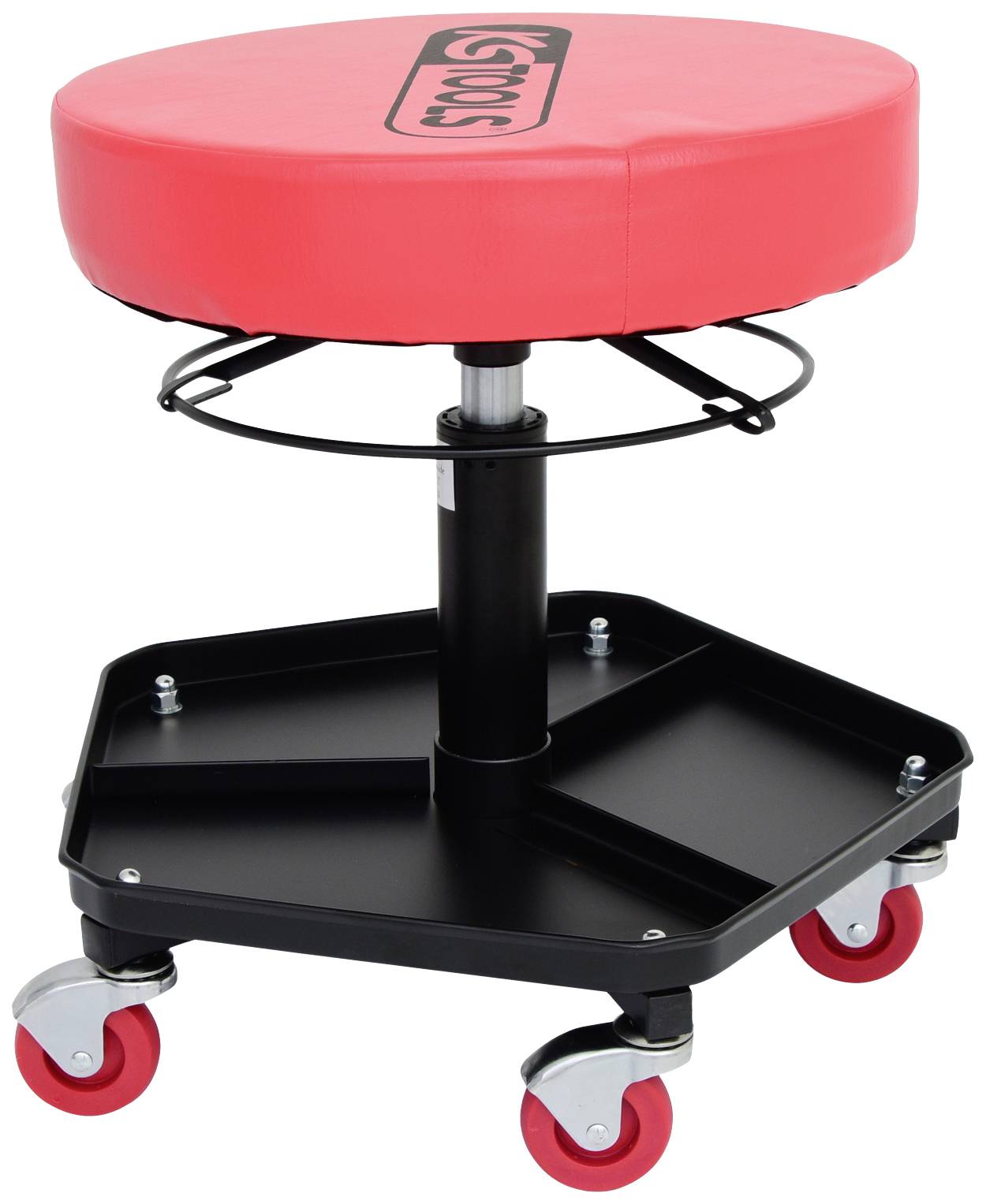Tabouret d'atelier rouge à roulettes avec rangement pour outils. Réglable en hauteur et mobile. Idéal pour mécaniciens ou travaux d'atelier.