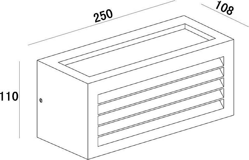 Dessin technique d'une grille de ventilation rectangulaire aux dimensions 250 mm x 108 mm x 110 mm.