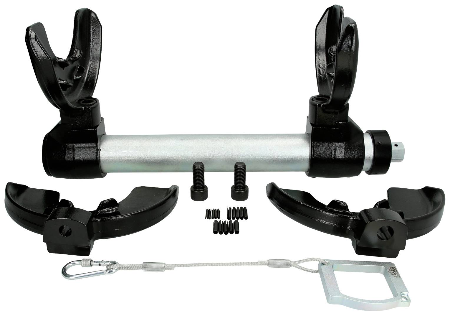 Un kit de montage avec des étriers métalliques et des vis, adapté pour un système de barres de toit pour voiture. Comprend deux pinces et un câble de sécurité.