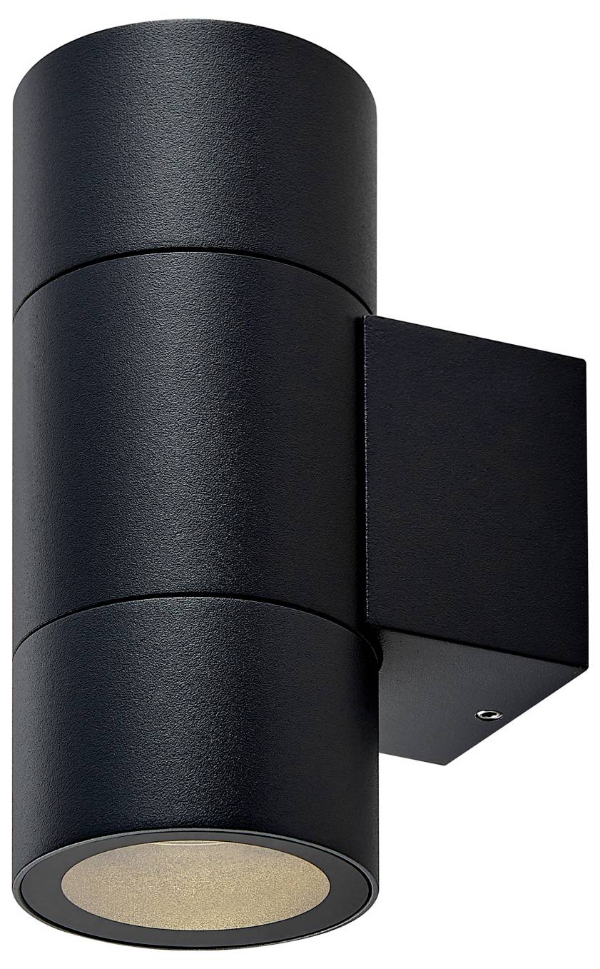 Applique d'éclairage extérieure cylindrique noire, fixée au mur, avec une lentille lumineuse orientée vers le bas.