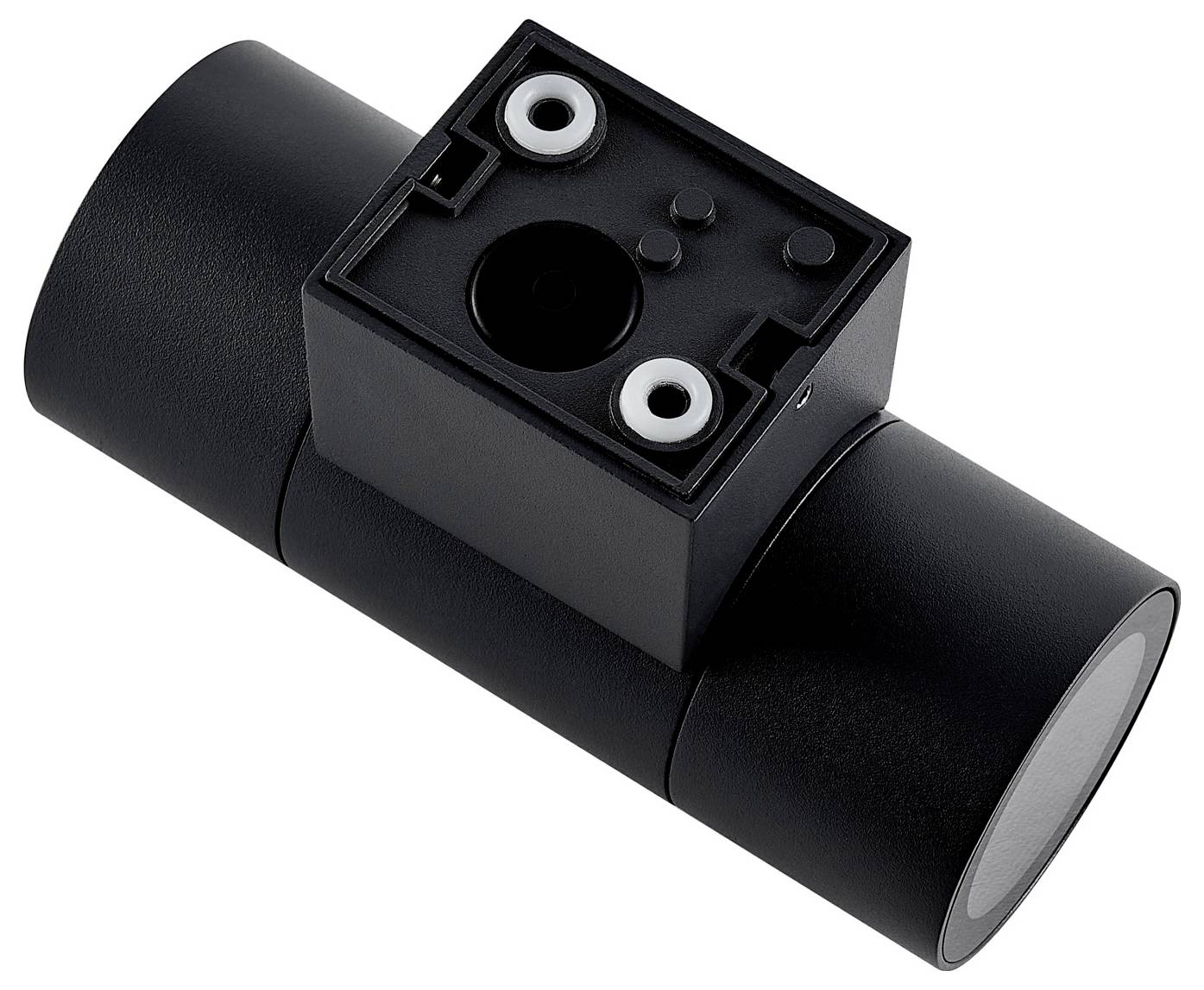 Projecteur cylindrique noir avec base de fixation carrée et trous de vis apparents, présenté sur fond blanc.