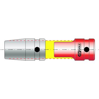 'Dessin technique d'un connecteur de tuyau, composé d'une partie argentée et d'une partie rouge, reliées par un élément jaune.'