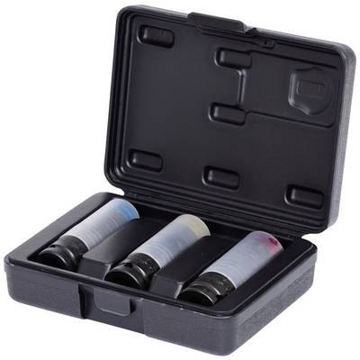 Un coffret noir en plastique contenant trois oculaires de microscope, triés par couleurs (bleu, beige, rouge). Le coffret est ouvert.