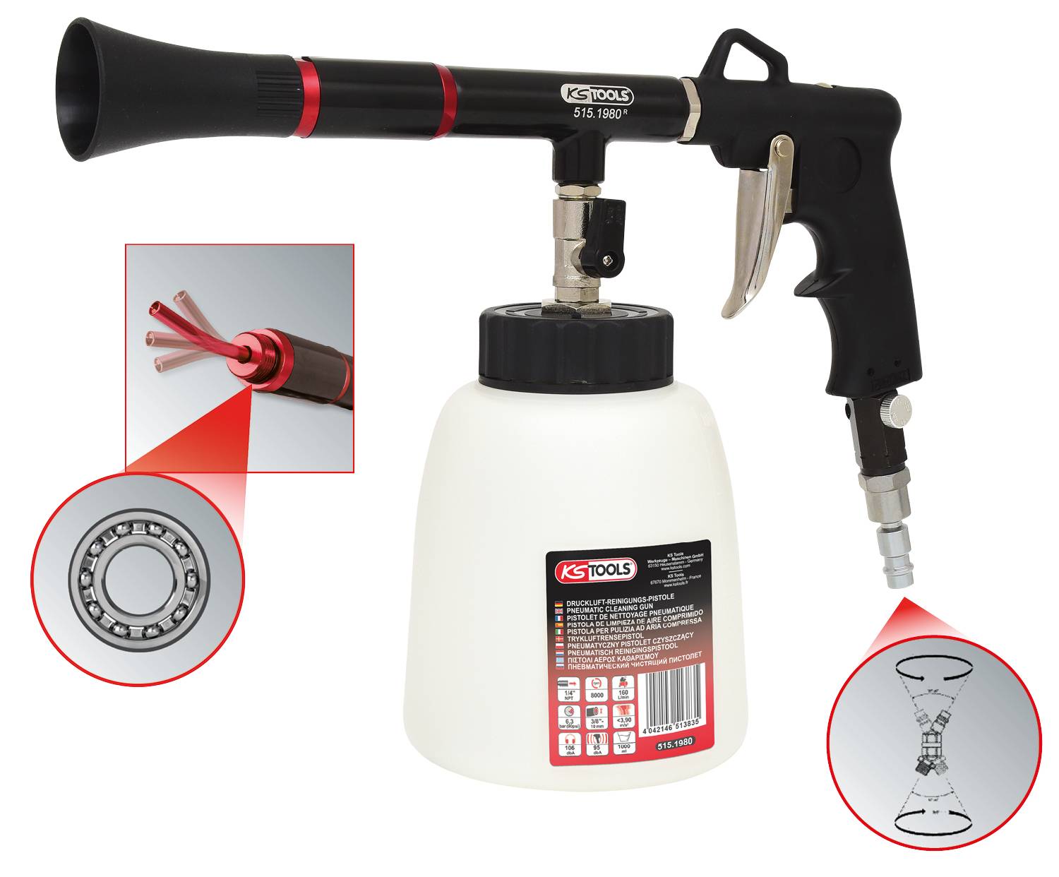 Pistolet pulvérisateur à air comprimé avec récipient en plastique, applications détaillées pour le nettoyage de l'entrepôt et buses flexibles, marque KS Tools.