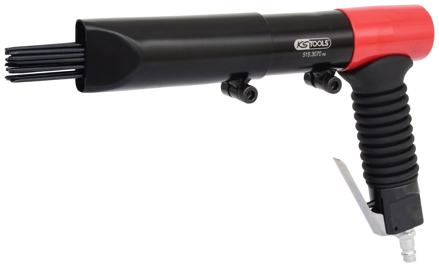 Outil de décapage pneumatique de KS Tools, noir et rouge, avec poignée et plusieurs aiguilles, utilisé pour enlever la rouille des surfaces.