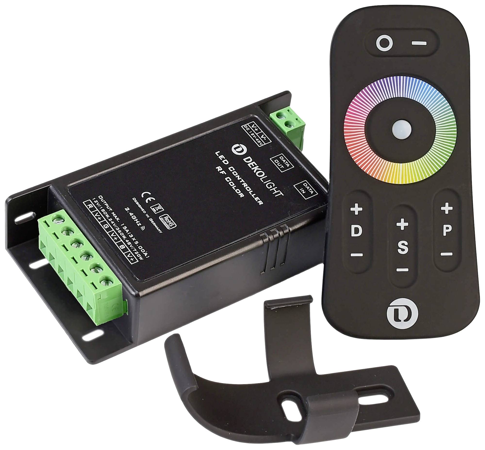 Un contrôleur LED avec télécommande. La télécommande dispose d'un anneau coloré pour le contrôle de l'éclairage et de touches pour les réglages.
