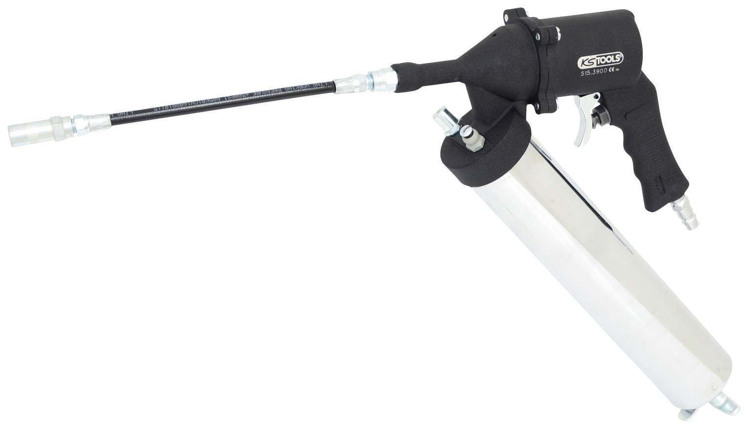 Un pistolet pneumatique noir avec un long cylindre argenté et un tuyau flexible, probablement destiné à des applications de lubrification.