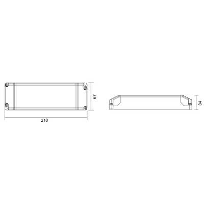 Dessin technique d'un boîtier rectangulaire avec des dimensions de 210 mm x 67 mm x 34 mm, vue de côté et vue de dessus.