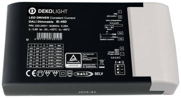 Deko Light BASIC, DIM, Multi CC, IE-45D Driver de LED  à courant constant 45 W 350 - 1000 mA 8.75 - 70 V dimmable, réglable, Dali 1 pc(s)