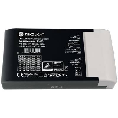 Pilote LED noir avec capuchon blanc de DekoLight, modèle IE-45D. Les spécifications techniques sont imprimées sur la face avant.