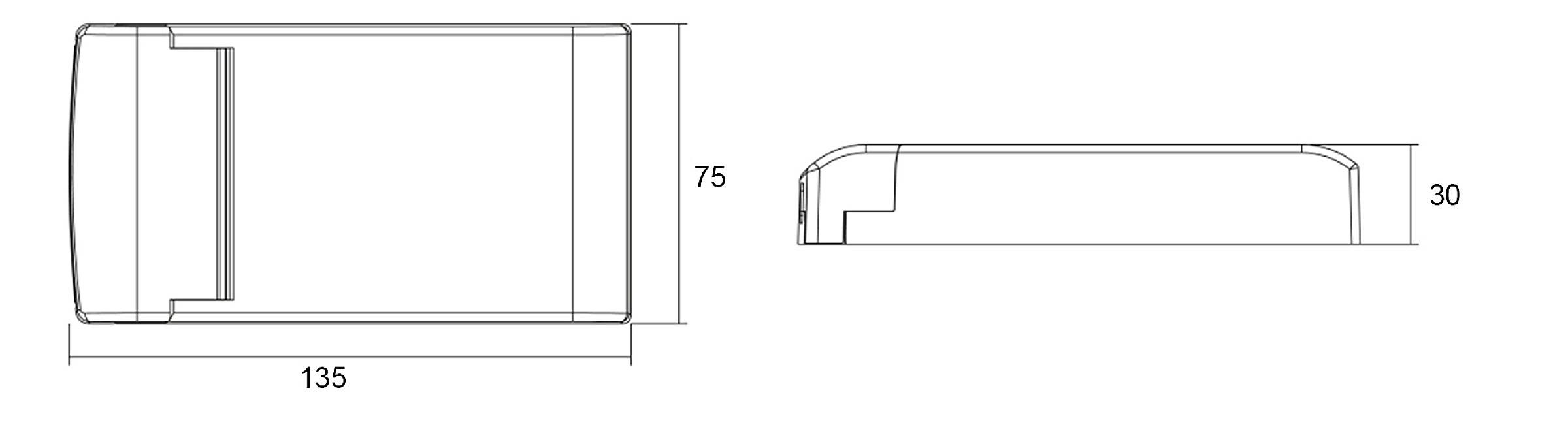Dessin technique d'un objet rectangulaire avec les dimensions : 135 x 75 x 30. Vue latérale et vue de face représentées.