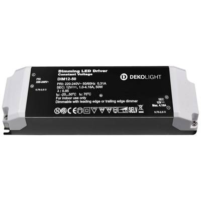 Dispositif d'alimentation LED à variateur, noir, avec embouts blancs, portant l'inscription « Dimming LED Driver », modèle « DIM12-50 », pour éclairage LED 12V.