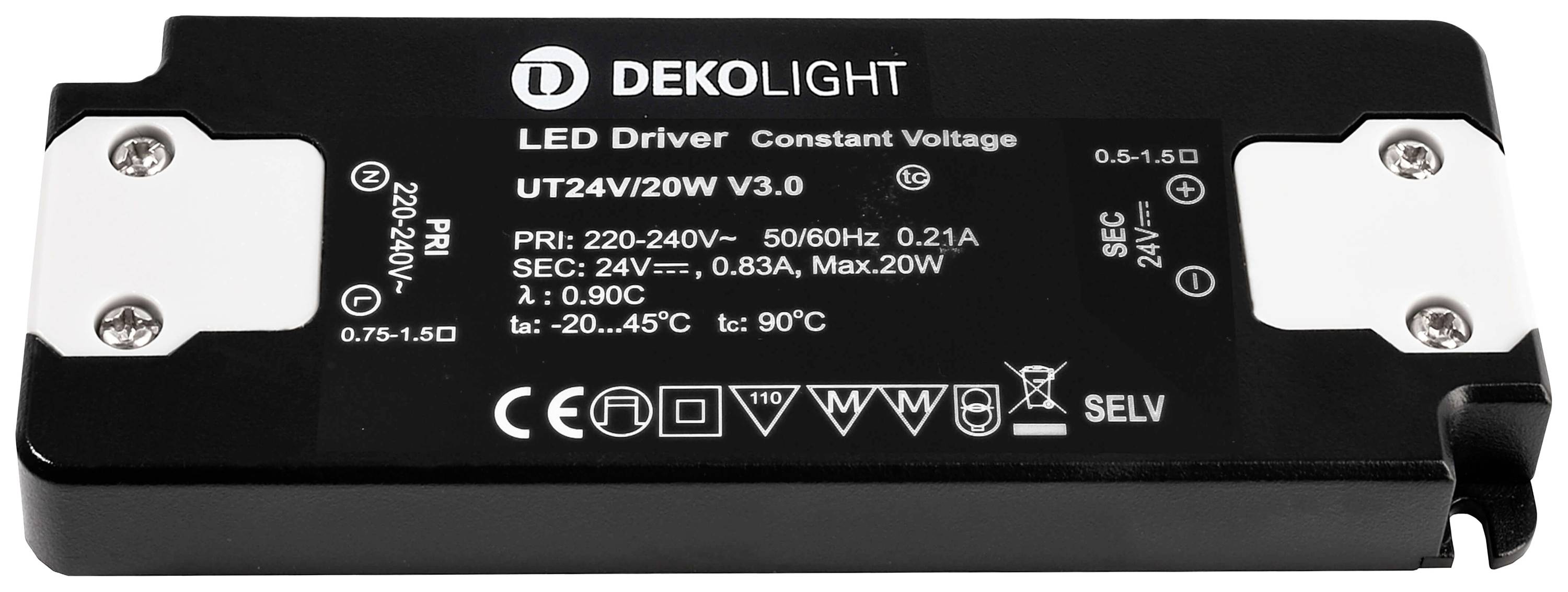 Pilote LED DEKOLIGHT noir avec l'inscription 'LED Driver Tension Constante UT24V/20W V3.0'. Spécifications techniques imprimées.