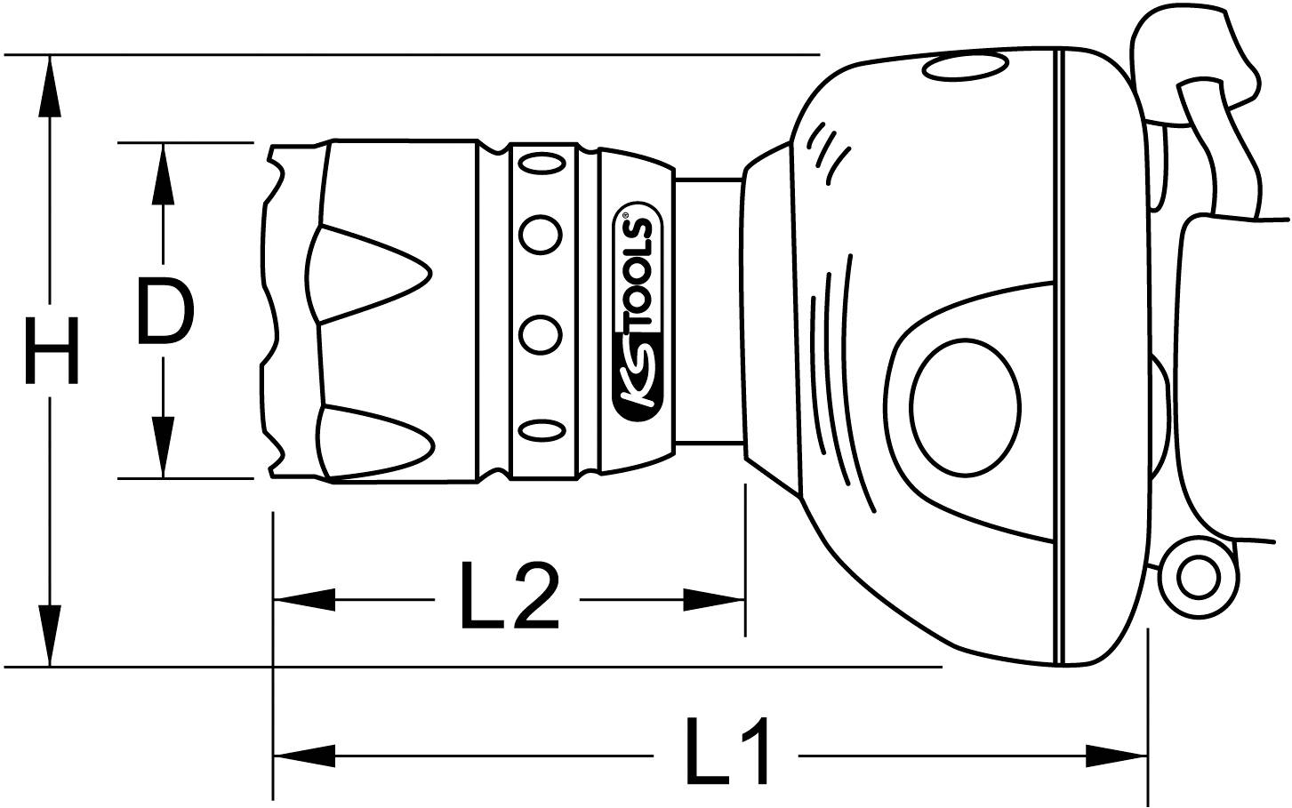 Dessin en noir et blanc d'une meuleuse d'angle avec les dimensions H, D, L2 et L1. L'outil porte le logo KSTools.