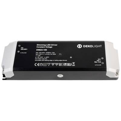 'Pilote LED Dekolight à gradation, tension constante, Modèle DIM24-100. Entrée : 220-240V, 0,7-0,5A. Sortie : 24V/max. 4,2A.'