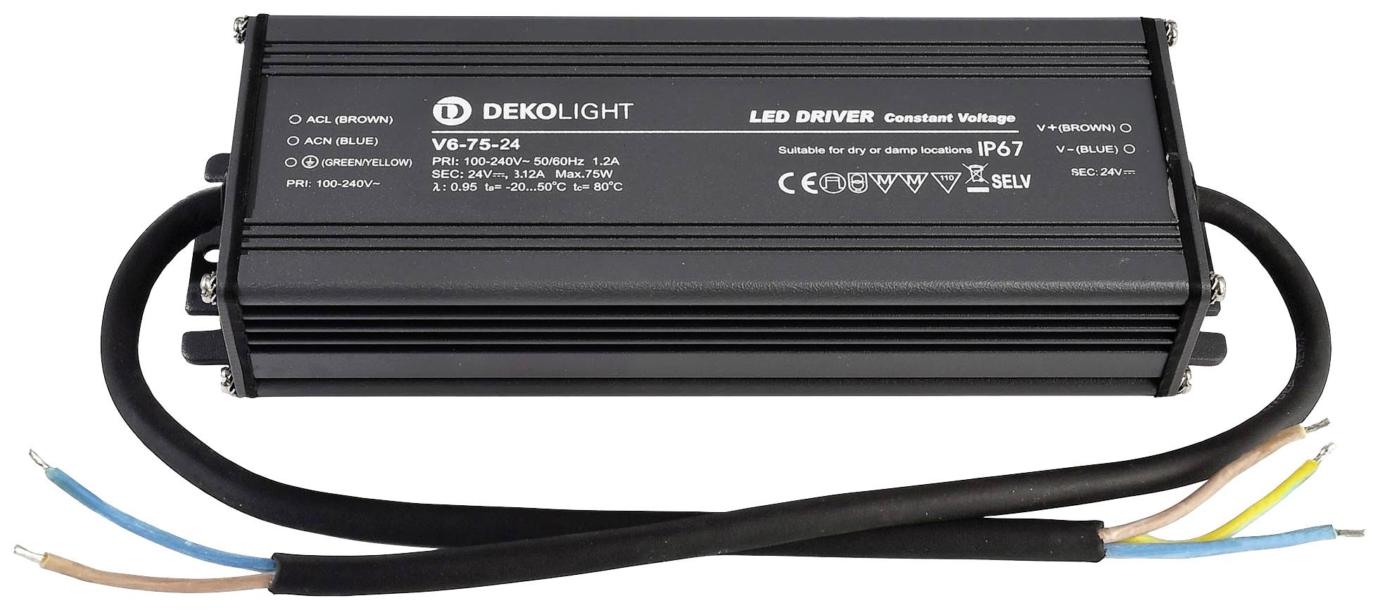 Pilote LED noir de Dekolight avec plusieurs câbles de connexion, modèle V6-75-24. Adapté pour une utilisation en extérieur (IP67).
