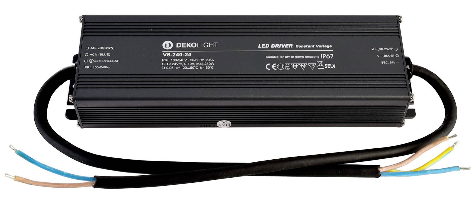 Boîtier d'alimentation 'DEKOLIGHT LED DRIVER 240W' avec câbles de connexion. Adapté pour l'éclairage LED, indice de protection IP67.